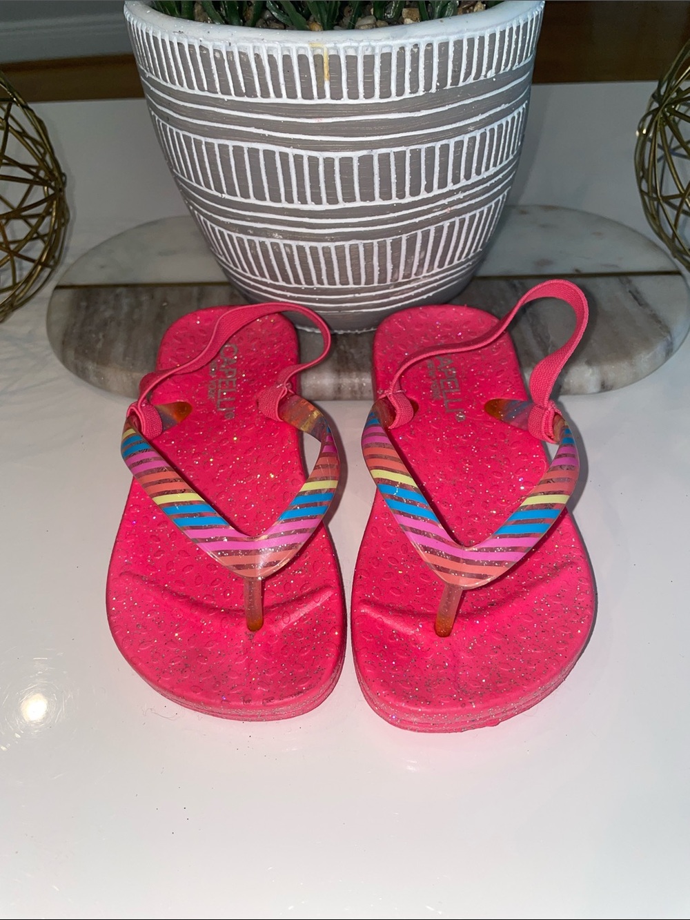 Capelli of New York Hot Pink Glitter Sandals with Rainbow Straps